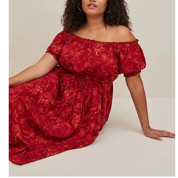 TORRID NWT MIDI RAYON TWILL OFF SHOULDER PEASANT DRESS - Picture 3 of 6